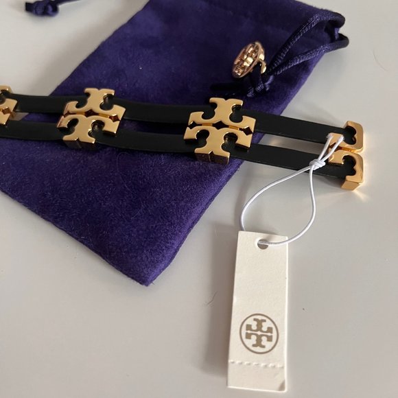 TORY BURCH SERIF T STACKED LEATHER BRACELET BLACK/GOLD - Picture 4 of 12